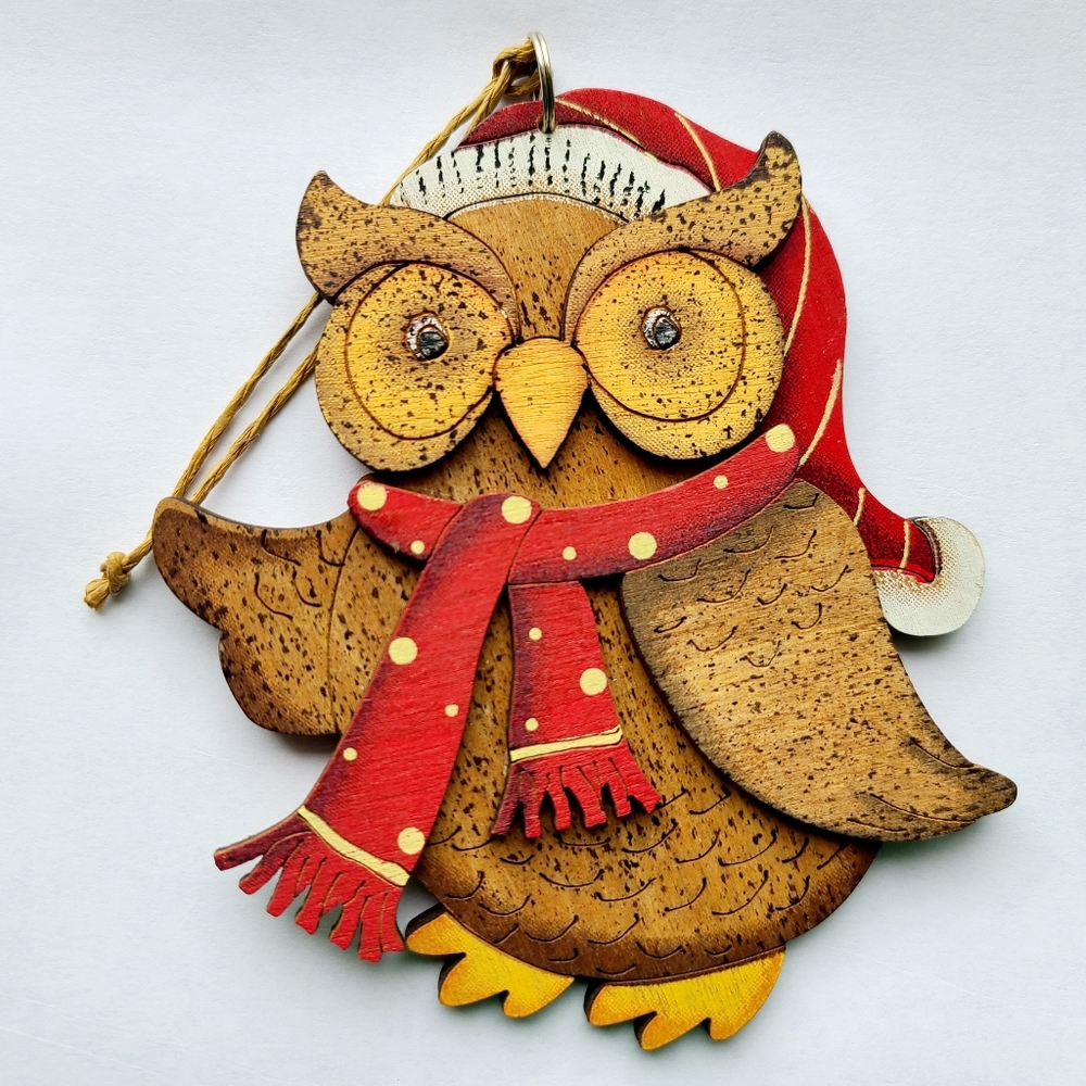 Wooden Owl Wearing Hat and Scarf Ornament